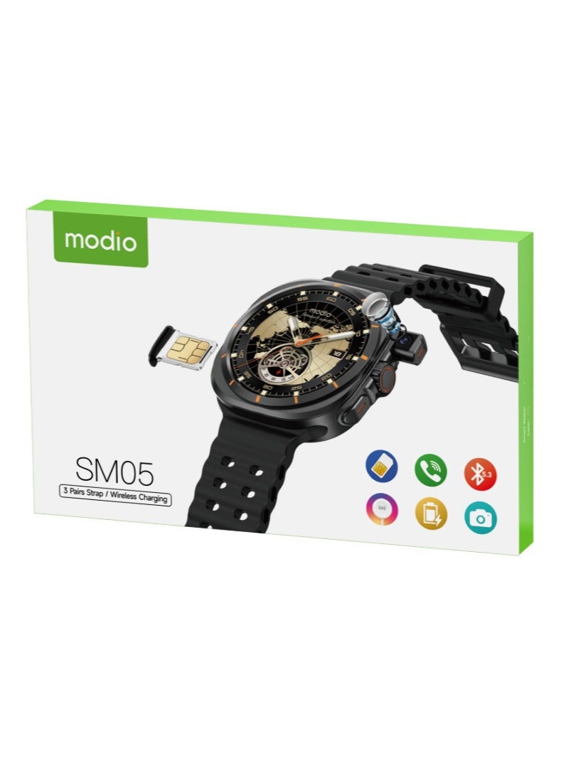 Modio SM05 Smartwatch with HD Calling Sim Card Support With 3 Pair Straps Charging Cable Designed for Men Silver - Image 1